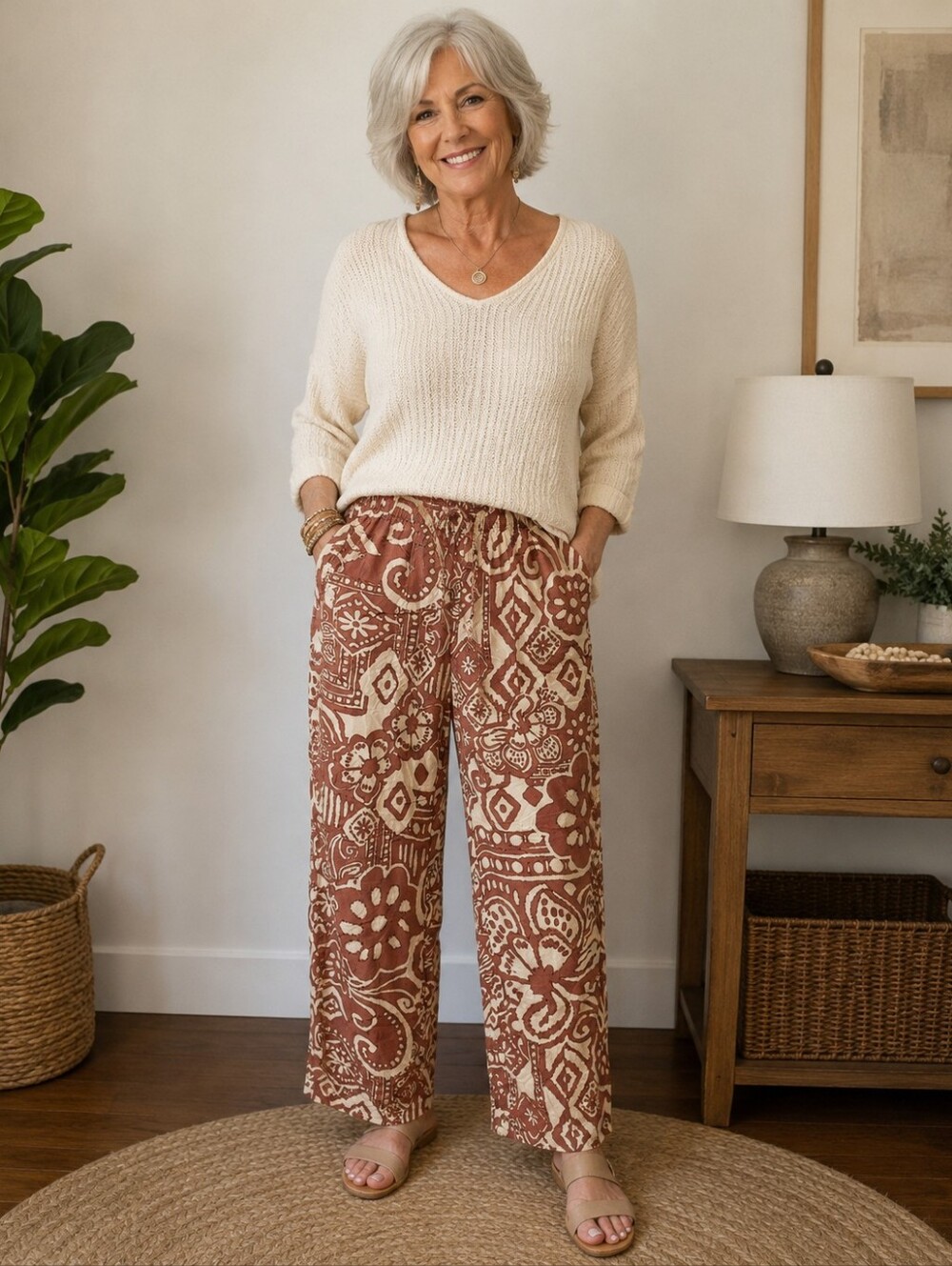 BBJ Boho Floral Print Pants in Rust & Cream